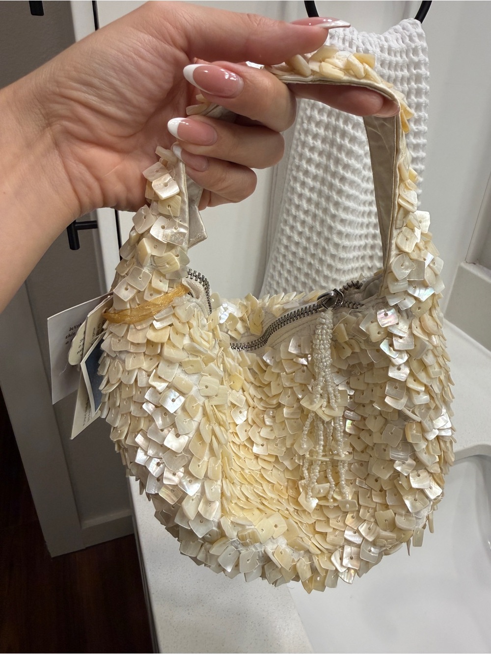 Beaded Sequin Hobo Bag - Cream